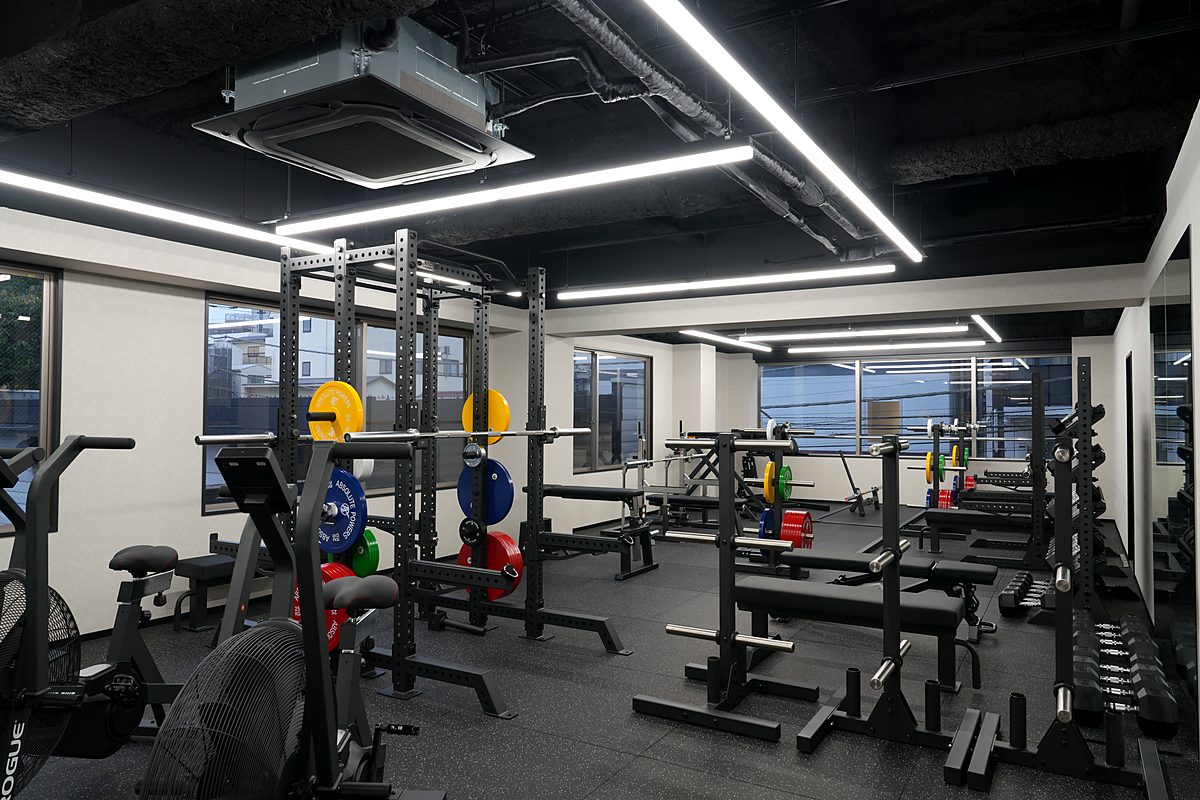 The floor, looking from reception toward the three racks