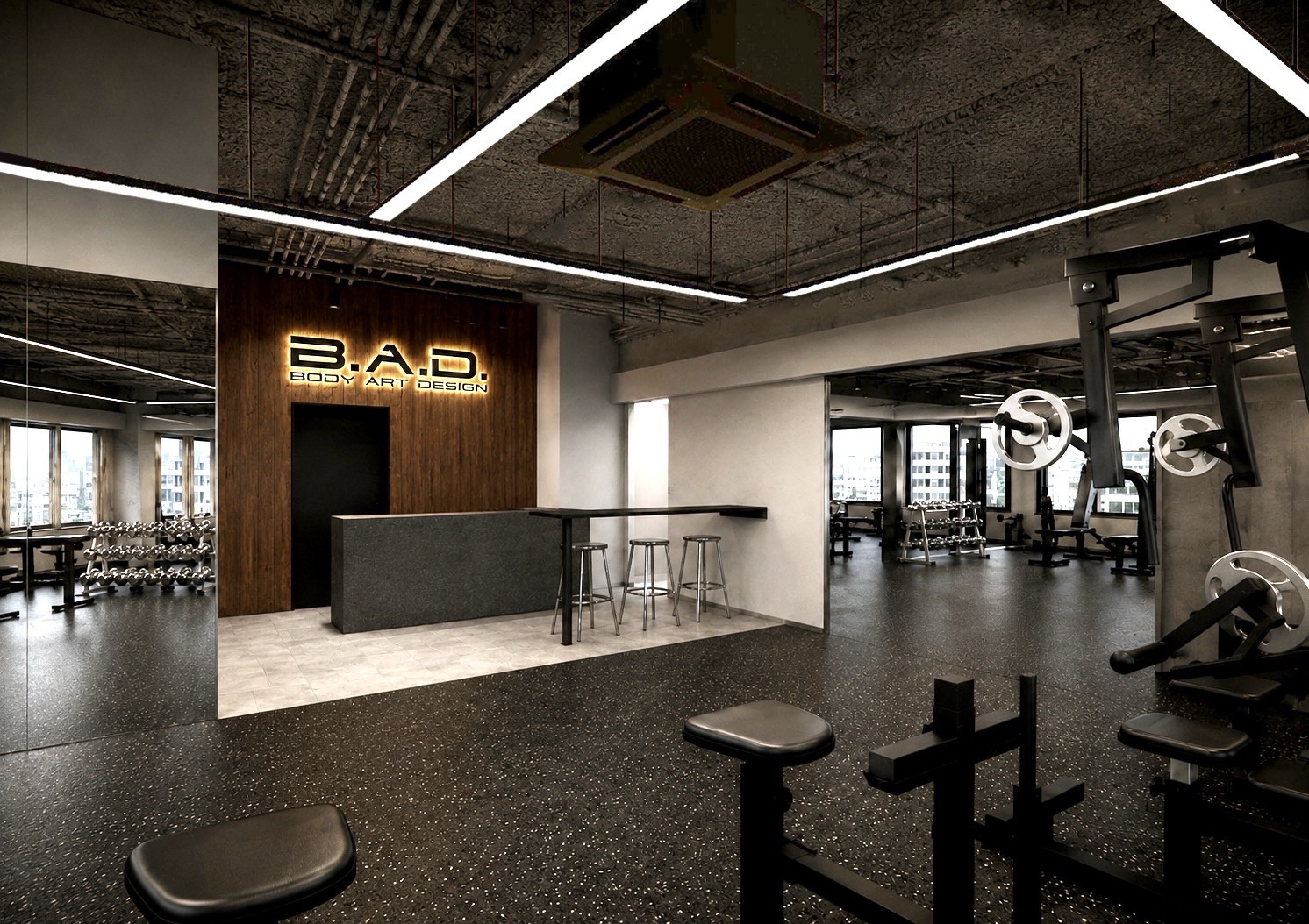 B.A.D. GYM URAWA の店内。受付サインとフリーウエイトエリアを見通した完成イメージ